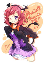 Rule 34 | 10s, 1girl, ;), artist name, black gloves, character name, choker, dancing stars on me!, demon tail, elbow gloves, gloves, hair ornament, hairband, head wings, highres, looking at viewer, love live!, love live! school idol project, mocha (naturefour), nishikino maki, one eye closed, purple eyes, red hair, short hair, signature, skirt, smile, solo, song name, star (symbol), star hair ornament, tail, wings, wink