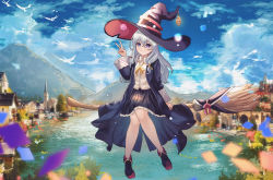 Rule 34 | 1girl, absurdres, black coat, black footwear, black hat, black skirt, blue eyes, bow, bowtie, braid, broom, broom riding, closed mouth, coat, collared shirt, day, dress shirt, elaina (majo no tabitabi), full body, gmg, hair between eyes, hat, highres, long hair, long sleeves, looking at viewer, majo no tabitabi, miniskirt, open clothes, open coat, pleated skirt, shirt, single braid, skirt, smile, solo, v, white hair, white shirt, wing collar, witch hat, yellow bow, yellow bowtie