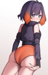 Rule 34 | 1girl, ass, bare shoulders, black sleeves, black sweater, detached sleeves, from behind, gradient hair, grey eyes, heart, heart in eye, highleg, highleg leotard, highres, hololive, hololive english, leotard, long sleeves, looking at viewer, looking back, multicolored hair, ninomae ina&#039;nis, orange hair, orange leotard, purple hair, ribbed leotard, short hair, simple background, solo, sweater, symbol in eye, tentacle hair, turtleneck, turtleneck sweater, virtual youtuber, vonshia, white background