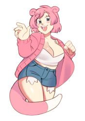 1girl absurdres animal_ears blush borrowed_character breasts camisole cardigan cleavage clenched_hand creatures_(company) crop_top denim denim_shorts exposed_pocket eyelashes game_freak gen_1_pokemon hair_ears hands_up highres itslyssalala large_breasts nintendo open_cardigan open_clothes open_mouth personification pink_cardigan pink_hair plump pokemon short_hair short_shorts shorts simple_background slowpoke smile solo tail waving white_background white_camisole