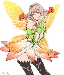 Rule 34 | 1girl, bare shoulders, blonde hair, drill hair, fairy wings, fire emblem, fire emblem heroes, looking at viewer, nintendo, peony (fire emblem), pointy ears, purple eyes, rimo67200894, solo, thighhighs, twin drills, wings