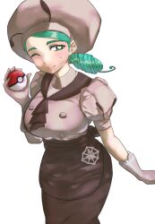 Rule 34 | 1girl, apron, ascot, breasts, brown apron, brown ascot, brown skirt, buttons, chef, chef hat, collared shirt, creatures (company), game freak, gloves, hat, highres, holding, holding poke ball, ikuman (vpjn3353), katy (pokemon), large breasts, light green hair, mole, mole on cheek, mole under eye, nintendo, one eye closed, poke ball, pokemon, pokemon sv, puffy short sleeves, puffy sleeves, shirt, short hair, short sleeves, side ponytail, skirt, solo, spider web print, waist apron