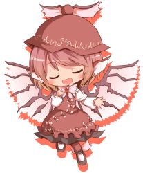 Rule 34 | 1girl, blush, chibi, closed eyes, dress, female focus, full body, long sleeves, music, mystia lorelei, no nose, open mouth, outstretched arm, outstretched hand, pink hair, ribbon, satsuki mei (sakuramochi), shoes, short hair, simple background, singing, solo, touhou, white background, winged footwear, wings