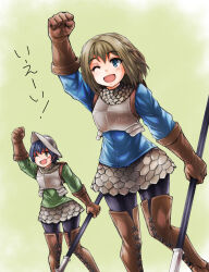 Rule 34 | 2girls, arm up, armor, black hair, black pants, blue eyes, boots, breastplate, brown footwear, brown gloves, brown hair, chloe (unicorn overlord), cowboy shot, female soldier (unicorn overlord), fist pump, gloves, green background, green shirt, holding, holding polearm, holding weapon, kira works, medium hair, multiple girls, one eye closed, open mouth, pants, polearm, shirt, short hair, smile, spear, standing, thigh boots, unicorn overlord, weapon