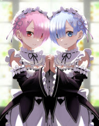 Rule 34 | 2girls, apron, black dress, black sleeves, blue eyes, blue hair, blurry, blurry background, blush, closed mouth, commentary request, depth of field, detached sleeves, dress, eyebrows hidden by hair, female focus, frilled apron, frilled sleeves, frills, hair ornament, hair over one eye, hair ribbon, hairclip, highres, holding hands, interlocked fingers, juliet sleeves, long sleeves, looking at viewer, maid, matching hair/eyes, multiple girls, natsupa, parted lips, pink hair, pink ribbon, puffy sleeves, purple ribbon, ram (re:zero), re:zero kara hajimeru isekai seikatsu, red eyes, rem (re:zero), ribbon, ribbon-trimmed sleeves, ribbon trim, roswaal mansion maid uniform, short hair, siblings, sisters, sleeveless, sleeveless dress, smile, twins, waist apron, white apron, wide sleeves, x hair ornament