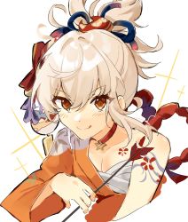 Rule 34 | 1girl, arrow (projectile), blonde hair, blush, breasts, chest tattoo, choker, collarbone, genshin impact, hair between eyes, hair ornament, highres, holding, holding arrow, japanese clothes, kimono, looking at viewer, nemururin, open clothes, orange kimono, red choker, solo, tassel, tattoo, tongue, tongue out, yoimiya (genshin impact)
