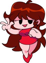 Rule 34 | 1girl, black eyes, breasts, brown hair, dress, friday night funkin&#039;, girlfriend (friday night funkin&#039;), large breasts, long hair, looking at viewer, open mouth, red dress, red footwear, shoes, sleeveless, sleeveless dress, smile, standing, vilepluff, waving, white background