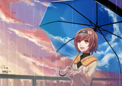 Rule 34 | 10s, 1girl, blush, brown hair, dated, fueguchi hinami, hairband, highres, holding, holding umbrella, looking away, looking up, open mouth, rain, shon, short hair, signature, smile, solo, teeth, tokyo ghoul, umbrella, yellow eyes