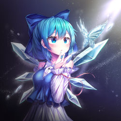 Rule 34 | 1girl, absurdres, adapted costume, bare shoulders, blue eyes, blue hair, blush, bow, cirno, detached sleeves, dress, gradient background, grey background, hair bow, hapy (parkhyunjae9494), highres, ice, ice wings, long sleeves, looking at animal, puffy sleeves, short hair, simple background, solo, touhou, wings