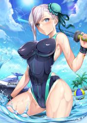 Rule 34 | 1girl, alcoholrang, aqua one-piece swimsuit, ball, beachball, blue eyes, blue one-piece swimsuit, blue sky, blush, breasts, cameltoe, cloud, competition swimsuit, covered erect nipples, day, fate/grand order, fate (series), groin, hair bun, highleg, highleg swimsuit, highres, holding, holding weapon, impossible clothes, impossible swimsuit, jet ski, large breasts, light purple hair, looking at viewer, miyamoto musashi (fate), miyamoto musashi (fate/grand order), miyamoto musashi (swimsuit berserker) (fate), miyamoto musashi (swimsuit berserker) (first ascension) (fate), multicolored clothes, multicolored swimsuit, one-piece swimsuit, outdoors, palm tree, parted lips, short hair, single hair bun, sky, solo, standing, swimsuit, toy sword, tree, two-tone swimsuit, wading, weapon, wet, wristband
