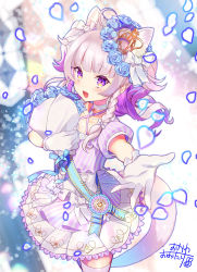 Rule 34 | 1boy, :d, ahoge, animal ears, award ribbon, beckoning, blue flower, blue ribbon, blue rose, blurry, blush, bouquet, bow, braid, choker, collarbone, commentary request, crown, depth of field, dress, extra ears, falling petals, fang, fang out, floating hair, flower, gloves, hair bow, halterneck, head wreath, highres, holding, holding bouquet, jewelry, kokoro ichiru, layered skirt, long hair, looking at viewer, mini crown, okanoyuno, open mouth, outstretched hand, pendant, pendant choker, petals, pink dress, puffy short sleeves, puffy sleeves, purple eyes, purple hair, raised eyebrows, ribbon, rose, short sleeves, side braid, sidelocks, sideways glance, signature, skirt, smile, solo, sparkling eyes, striped clothes, striped dress, striped skirt, tail, thighhighs, two side up, underbust, vertical-striped clothes, vertical-striped dress, vertical-striped skirt, virtual youtuber, wactor production, white bow, white choker, white gloves, white thighhighs, wolf ears, wolf tail