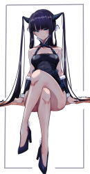 Rule 34 | 1girl, absurdres, azarashi (azrsot), bare shoulders, black dress, black footwear, blue eyes, blunt bangs, blush, breasts, china dress, chinese clothes, closed mouth, crossed legs, detached sleeves, dress, fate/grand order, fate (series), hair ornament, high heels, highres, legs, long hair, looking at viewer, medium breasts, purple hair, sidelocks, simple background, sitting, smile, solo, twintails, very long hair, white background, yang guifei (fate), yang guifei (second ascension) (fate)