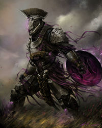 Rule 34 | 1boy, absurdres, armor, brian moncus, clenched hand, cloud, cloudy sky, destiny (game), grass, helmet, highres, holding, holding shield, legs apart, looking to the side, purple ribbon, ribbon, roman numeral, saint-14, shield, signature, sky, solo, spikes, titan (destiny)