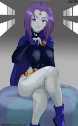 Rule 34 | 1girl, animification, ankle boots, belt, blush, boots, breasts, brooch, cape, colored skin, crossed legs, dc comics, forehead jewel, grey skin, highres, jewelry, leotard, purple eyes, purple hair, raven (dc), short hair, sitting, smile, solo, teen titans, xplotter