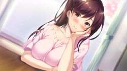 Rule 34 | 1girl, :&gt;, ayase hazuki, blush, breasts, brown hair, closed mouth, female focus, game cg, head rest, indoors, jewelry, knot fiction!, large breasts, long hair, looking at viewer, narumiya chisa, original, ring, sitting, smile, solo, table, upper body, wedding band, window, yellow eyes