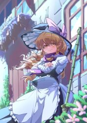 Rule 34 | 1girl, absurdres, apron, braid, broom, crossed arms, hat, highres, kirisame marisa, light brown hair, light smile, looking at viewer, plant, schnuz, single braid, solo, standing, touhou, window, witch, witch hat, yellow eyes