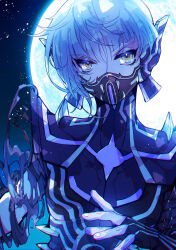 Rule 34 | 1boy, androgynous, armor, asymmetrical hair, blue bodysuit, blue hair, blue theme, bodysuit, chromatic aberration, eyelashes, fingerless gloves, full moon, gloves, hair between eyes, highres, light particles, looking at viewer, male focus, mask, moon, mouth mask, night, night sky, protagonist (smtv), sherytan, shin megami tensei, shin megami tensei v, shin megami tensei v: vengeance, short hair, single sidelock, sky, solo, upper body, yellow eyes