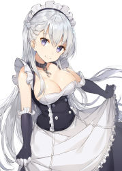 Rule 34 | 1girl, apron, azur lane, bare shoulders, belfast (azur lane), black dress, black gloves, braid, breasts, broken, broken chain, chain, cleavage, closed mouth, collarbone, commentary, dress, elbow gloves, frilled apron, frills, gloves, hair between eyes, head tilt, highres, large breasts, long hair, maid headdress, purple eyes, revision, rikoma, silver hair, simple background, sleeveless, sleeveless dress, smile, solo, very long hair, waist apron, white apron, white background