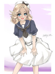 Rule 34 | 1girl, black neckerchief, blonde hair, blue eyes, blue sailor collar, commentary request, dress, gakky, gloves, hat, janus (kancolle), kantai collection, leaning forward, neckerchief, one-hour drawing challenge, parted bangs, sailor collar, sailor dress, sailor hat, short hair, smile, solo, white dress, white gloves, white hat