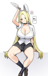 Rule 34 | 1girl, animal ears, arm up, black choker, black skirt, black socks, blonde hair, blue nails, breasts, brown footwear, choker, cleavage, collared shirt, hairband, highres, large breasts, long hair, looking at viewer, nail polish, original, pink nails, pleated skirt, rabbit ears, rena (sky-freedom), shirt, shoes, short sleeves, sitting, skirt, sky-freedom, socks, solo, thighs, translation request, white background, white hairband, white shirt, yellow nails