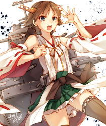 Rule 34 | 10s, 1girl, bare shoulders, blue eyes, brown hair, detached sleeves, hairband, hiei (kancolle), japanese clothes, kantai collection, looking at viewer, nontraditional miko, one-hour drawing challenge, personification, short hair, signature, solo, toosaka asagi