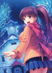 Rule 34 | 1girl, blue skirt, breasts, brown eyes, brown hair, clock, coat, dutch angle, from behind, kitiroku, long hair, looking at viewer, looking back, open mouth, plaid, plaid scarf, ponytail, scarf, skirt, smile, snow, solo, taneshima popura, winter, winter clothes, working!!