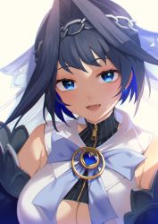 Rule 34 | 1girl, :d, absurdres, bingsardina, black hair, blue bow, blue bowtie, blue eyes, blue hair, bow, bowtie, breasts, chain, chain headband, cleavage, detached sleeves, earrings, fangs, hair intakes, head chain, highres, holocouncil, hololive, hololive english, jewelry, large breasts, open mouth, ouro kronii, shirt, simple background, smile, solo, upper body, virtual youtuber, white background, white shirt