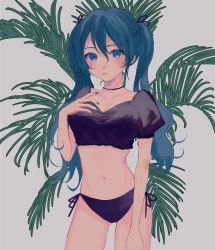 Rule 34 | 1girl, alternate costume, arm at side, bikini, bikini bottom only, black bikini, black choker, black ribbon, blue eyes, blue hair, breasts, choker, cleavage, closed mouth, collarbone, contrapposto, cowboy shot, crop top, dot nose, eyelashes, fingernails, grey background, groin, hair between eyes, hair ribbon, hand on own chest, hand up, hatsune miku, highres, lips, long hair, looking at viewer, medium breasts, narrow waist, navel, p2 (uxjzz), palm leaf, puffy short sleeves, puffy sleeves, ribbon, serious, shiny lips, shiny skin, short sleeves, side-tie bikini bottom, simple background, solo, stomach, swimsuit, thighs, tsurime, twintails, vocaloid