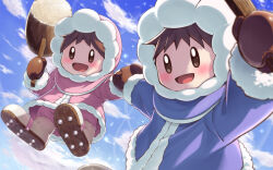 Rule 34 | 1boy, 1girl, :d, blue coat, blue sky, blush, boots, brother and sister, brown eyes, brown footwear, brown hair, brown mittens, cloud, coat, commentary request, day, full body, fur-trimmed coat, fur-trimmed hood, fur-trimmed sleeves, fur trim, hammer, highres, holding, holding hammer, holding hands, hood, hood up, hooded coat, ice climber, imuta (vaporization), long sleeves, looking at viewer, mittens, nana (ice climber), nintendo, open mouth, outdoors, pink coat, popo (ice climber), short hair, siblings, sky, smile, spiked footwear, spikes