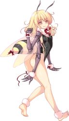 Rule 34 | 1girl, ankle cuffs, antennae, arthropod girl, artist request, ass, barefoot, bee girl, black leotard, blonde hair, bow, breasts, carapace, cleavage, compound eyes, extra arms, full body, honey (monster musume), insect girl, leotard, long hair, monster girl, monster musume no iru nichijou, monster musume no iru nichijou online, neck ruff, official art, red bow, small breasts, smile, solo, stinger, transparent background, wrist cuffs