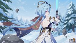 Rule 34 | 1girl, :|, aged up, bare shoulders, blue lightsaber, blue sky, breasts, chinese commentary, closed mouth, day, dress, energy sword, expressionless, gloves, griseo, griseo (cosmic expression), highres, holding, holding lightsaber, holding weapon, honkai (series), honkai impact 3rd, large breasts, lightsaber, logo, long hair, official art, official wallpaper, outdoors, purple eyes, rock, sideboob, sky, snow, solo, star wars, sword, tree, twintails, very long hair, weapon, white dress, white gloves