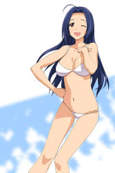 Rule 34 | 1girl, ;d, a1 (initial-g), ahoge, bikini, blue hair, breasts, hand on own hip, hip focus, idolmaster, idolmaster (classic), large breasts, long hair, miura azusa, navel, o-ring, o-ring bottom, one eye closed, open mouth, red eyes, smile, solo, swimsuit, white bikini, wink