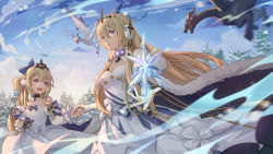 Rule 34 | 2girls, alchemy stars, bare shoulders, bethlehem (alchemy stars), blonde hair, blue bow, bow, breasts, cape, chinese commentary, choker, cleavage, cloud, collarbone, commentary request, detached sleeves, dragon, dress, emblem, fur choker, hair between eyes, hair bow, headpiece, highres, holding hands, hourglass, ice crystal, lips, long dress, long hair, looking at viewer, medium breasts, motion blur, multiple girls, open mouth, outdoors, parted lips, puchu huang, purple eyes, small breasts, star (sky), strapless, strapless dress, time paradox, tree, white dress