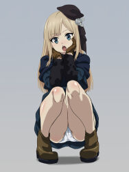 Rule 34 | 1girl, :o, ass, bare legs, beret, black hat, blonde hair, blue eyes, blush, boots, brown gloves, character name, cleft of venus, commentary request, fate (series), flower, full body, gloves, grey background, hair flower, hair ornament, hands on own cheeks, hands on own face, hat, highres, jacket, long hair, long sleeves, looking at viewer, lord el-melloi ii case files, nomanota, open mouth, panties, pantyshot, reines el-melloi archisorte, shiny skin, simple background, smile, solo, squatting, teeth, thank you, tongue, tongue out, underwear, upper teeth only, white panties