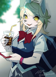 Rule 34 | 1girl, ahoge, animal ears, backpack, bag, blonde hair, blurry, blurry background, bow, bowtie, cup, disposable cup, dog ears, drinking straw, female focus, furry, furry female, highres, holding, holding cup, holding phone, ko-on (ningen zoo), open mouth, original, phone, pleated skirt, shadow, skirt, solo, spartphone, twitter username, yellow eyes