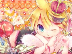 Rule 34 | 1boy, blonde hair, blue eyes, blush, child, crown, hand fan, floral print, fur, gigantic o.t.n (vocaloid), heart, heart-shaped pupils, japanese clothes, kagamine len, lantern, male focus, mars symbol, mizuno eru, off shoulder, one eye closed, open clothes, open mouth, solo, symbol-shaped pupils, traditional clothes, vocaloid