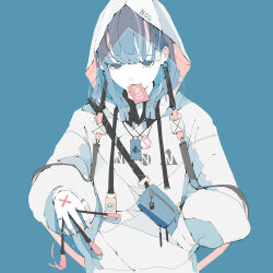 Rule 34 | 1girl, absurdres, bag, black shirt, blue background, blue eyes, blue hair, card, collared shirt, commentary request, ear piercing, hand in pocket, highres, holding, holding paintbrush, hood, hood up, hoodie, jewelry, long bangs, long hair, long sleeves, looking at viewer, mouth hold, no pupils, nocopyrightgirl, original, paintbrush, pale skin, piercing, print hoodie, puffy sleeves, ring, shirt, shoulder bag, solo, straight-on, upper body, white hoodie, x, zipper, zipper pull tab