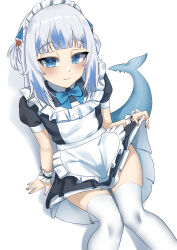 Rule 34 | 1girl, absurdres, apron, black dress, blue hair, blue nails, blunt bangs, blush, clothes lift, dress, dress lift, fins, fish tail, gawr gura, grey hair, hair ornament, highres, hololive, hololive english, lifted by self, looking at viewer, maid, maid apron, maid headdress, medium hair, nail polish, rebelium, shark girl, shark hair ornament, shark tail, sidelocks, smile, solo, tail, thighhighs, two side up, virtual youtuber, white apron, white background, white headwear, white thighhighs, white wrist cuffs, wrist cuffs