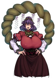 Rule 34 | 1girl, breasts, covered erect nipples, cropped legs, hands on own hips, highres, huge breasts, juliet sleeves, long skirt, long sleeves, mature female, mirror, puffy sleeves, purple hair, red eyes, rope, scrunchie, sharp teeth, shide, shimenawa, shirt, skirt, solo, spacezin, taut clothes, taut shirt, teeth, touhou, white background, yasaka kanako