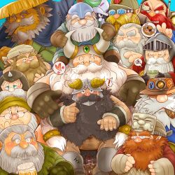 Rule 34 | 6+boys, bara, beard, beard over mouth, big belly, blue eyes, blush, brown hair, cigar, closed eyes, dungeon meshi, dwarf, facial hair, fake horns, fat, fat man, goggles, grey hair, group picture, heart, helmet, highres, horned helmet, horns, long beard, looking at viewer, male focus, male harem, mature male, multiple boys, mustache, navel, norataro, old, old man, one eye closed, orange hair, penis, precum, senshi (dungeon meshi), sideways glance, size difference, smoking, sparse navel hair, species connection, spoken heart, sweat, thick beard, thick eyebrows, thick mustache, trait connection, translation request, very long beard, white hair, wrinkled skin, yaoi