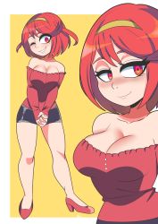 Rule 34 | 1girl, ;d, absurdres, alternate costume, bare shoulders, bbycheese, black shorts, blush, breasts, cleavage, commentary, contemporary, english commentary, full body, hairband, highres, large breasts, multiple views, one eye closed, open mouth, pyra (xenoblade), red eyes, red footwear, red hair, short hair, shorts, simple background, smile, strapless, upper body, xenoblade chronicles (series), xenoblade chronicles 2, yellow hairband