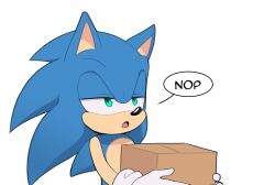 Rule 34 | 1boy, animal ears, animal nose, blue fur, box, commentary, english commentary, english text, furry, furry male, gloves, green eyes, half-closed eyes, hands up, hedgehog, hedgehog ears, highres, holding, holding box, looking away, male focus, open mouth, simple background, solo, sonic (series), sonic the hedgehog, speech bubble, standing, tongue, toonsite, white background, white gloves