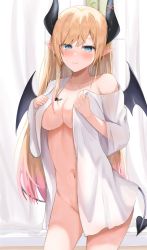 Rule 34 | 1girl, bat tattoo, blonde hair, blue eyes, blush, bottomless, breast tattoo, breasts, collarbone, demon girl, demon horns, demon tail, demon wings, highres, hololive, horns, large breasts, long hair, looking at viewer, naked shirt, navel, no bra, no panties, off shoulder, onemuikun-b, open clothes, open shirt, shirt, solo, tail, tattoo, virtual youtuber, white shirt, wings, yuzuki choco