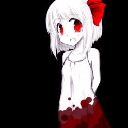 Rule 34 | 1girl, :d, black background, blood, blood on clothes, bob cut, chemise, collarbone, fang, hair ribbon, iruru5666, looking at viewer, open mouth, petite, red eyes, ribbon, rumia, short hair, smile, solo, spot color, team shanghai alice, touhou