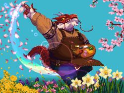 Rule 34 | 1boy, beard, blue background, cherry blossoms, commentary request, dragon boy, dragon tail, facial hair, fat, fat man, field, flower, flower field, full body, furry, furry male, horns, itzamna (housamo), looking at object, male focus, nanadragon4, palette (object), partial commentary, pixel art, rainbow, smile, solo, tail, tokyo houkago summoners
