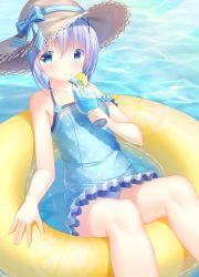 Rule 34 | 1girl, absurdres, bare arms, bare shoulders, bendy straw, blue bow, blue eyes, blue hair, blue one-piece swimsuit, blush, bow, breasts, brown hat, casual one-piece swimsuit, collarbone, commentary request, cup, day, drinking glass, drinking straw, feet out of frame, food, frilled one-piece swimsuit, frilled swimsuit, frills, fruit, gochuumon wa usagi desu ka?, hair between eyes, hair ornament, hat, hat bow, highres, holding, holding cup, innertube, kafuu chino, lemon, lemon slice, looking at viewer, one-piece swimsuit, outdoors, pizzzica, polka dot, polka dot swimsuit, short hair, small breasts, solo, straw hat, striped, striped bow, swim ring, swimsuit, tropical drink, water, x hair ornament