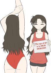 Rule 34 | 1girl, ^ ^, absurdres, ass, azumanga daiou, black shorts, breasts, brown hair, closed eyes, collarbone, english text, hair behind ear, highres, holding, holding own arm, holding sign, long hair, medium breasts, multiple views, one-piece swimsuit, parted bangs, red one-piece swimsuit, rytuwil, short shorts, shorts, sign, smile, swimsuit, tanizaki yukari