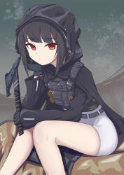 Rule 34 | 1girl, absurdres, axe, bag, black coat, black gloves, black hair, black shirt, blunt bangs, chinese commentary, closed mouth, coat, commentary request, d (nikke), gloves, goddess of victory: nikke, hatchet (axe), head rest, high-waist shorts, highres, holding, holding weapon, hood, hood up, hooded coat, long coat, long sleeves, looking at viewer, pouch, red eyes, sato art, shadow, shirt, short shorts, shorts, sidelocks, sitting, solo, tactical clothes, weapon, white shorts