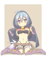 Rule 34 | 1girl, ahoge, armlet, ayame riyo, belt, blue eyes, blue hair, blush, breasts, collarbone, detached sleeves, expressionless, eyelashes, full body, fur trim, gloves, hair between eyes, head tilt, holster, looking at viewer, matching hair/eyes, midriff, navel, ole tower, pocket, purple gloves, short hair, simple background, single glove, sitting, small breasts, solo, stomach, underboob, wariza, yellow background
