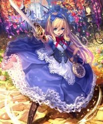 Rule 34 | 10s, 1girl, alice (shingeki no bahamut), artist request, blonde hair, blue eyes, boots, card, clock, corset, crown, cygames, dress, flower, hairband, hand on own hip, holding, holding sword, holding weapon, lantern, long hair, official art, petals, playing card, pocket watch, pointing sword, ribbon, shadowverse, shingeki no bahamut, sword, watch, weapon